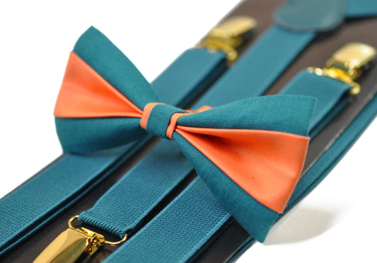 Coral Orange Teal Blue Cotton Bow tie Bowtie + Teal Blue Elastic Suspenders Braces for Men / Youth/ Boys Kids / Baby Infant Toddler