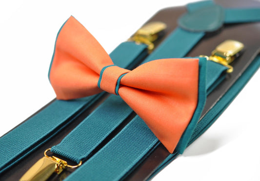 Coral Orange Teal Blue Cotton Bow tie Bowtie + Teal Blue Elastic Suspenders Braces for Men / Youth/ Boys Kids / Baby Infant Toddler