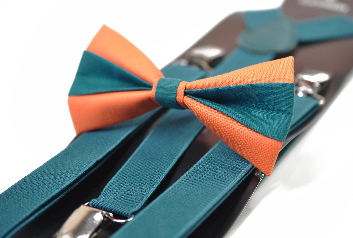 Coral Orange Teal Blue Cotton Bow tie Bowtie + Teal Blue Elastic Suspenders Braces for Men / Youth/ Boys Kids / Baby Infant Toddler