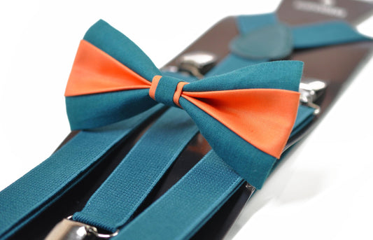 Coral Orange Teal Blue Cotton Bow tie Bowtie + Teal Blue Elastic Suspenders Braces for Men / Youth/ Boys Kids / Baby Infant Toddler