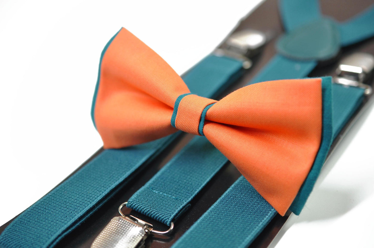 Coral Orange Teal Blue Cotton Bow tie Bowtie + Teal Blue Elastic Suspenders Braces for Men / Youth/ Boys Kids / Baby Infant Toddler