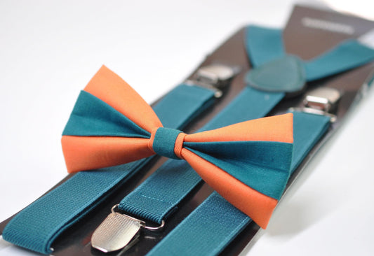 Coral Orange Teal Blue Cotton Bow tie Bowtie + Teal Blue Elastic Suspenders Braces for Men / Youth/ Boys Kids / Baby Infant Toddler