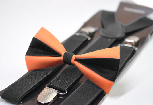 Coral Orange Black Cotton Bow tie Bowtie + Black Elastic Suspenders Braces for Men / Youth/ Boys Kids / Baby Infant Toddler