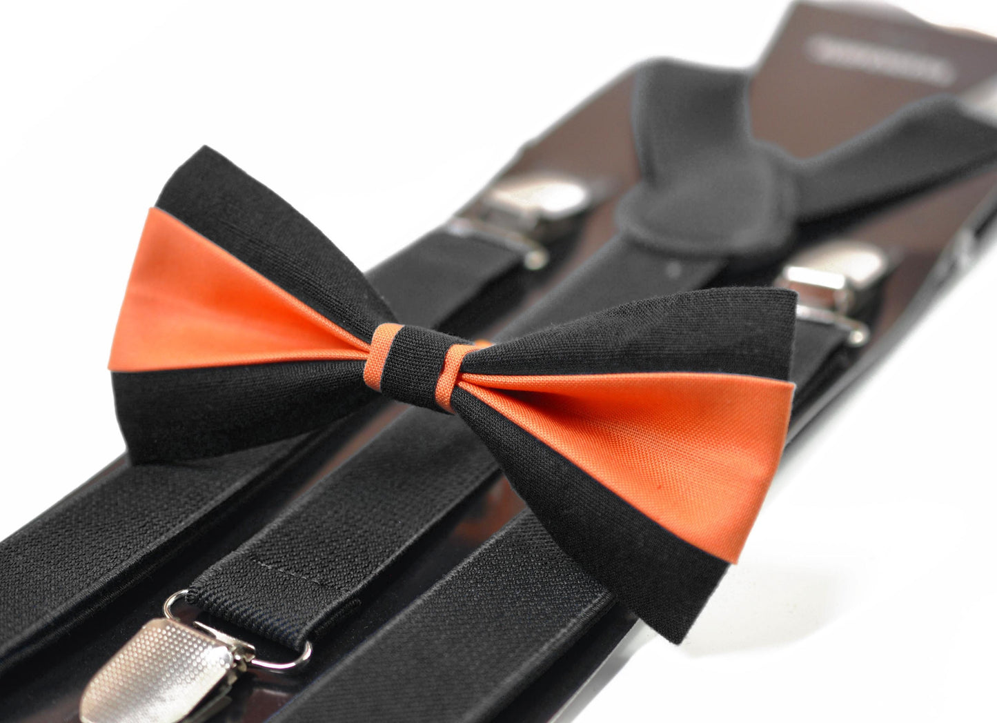 Coral Orange Black Cotton Bow tie Bowtie + Black Elastic Suspenders Braces for Men / Youth/ Boys Kids / Baby Infant Toddler