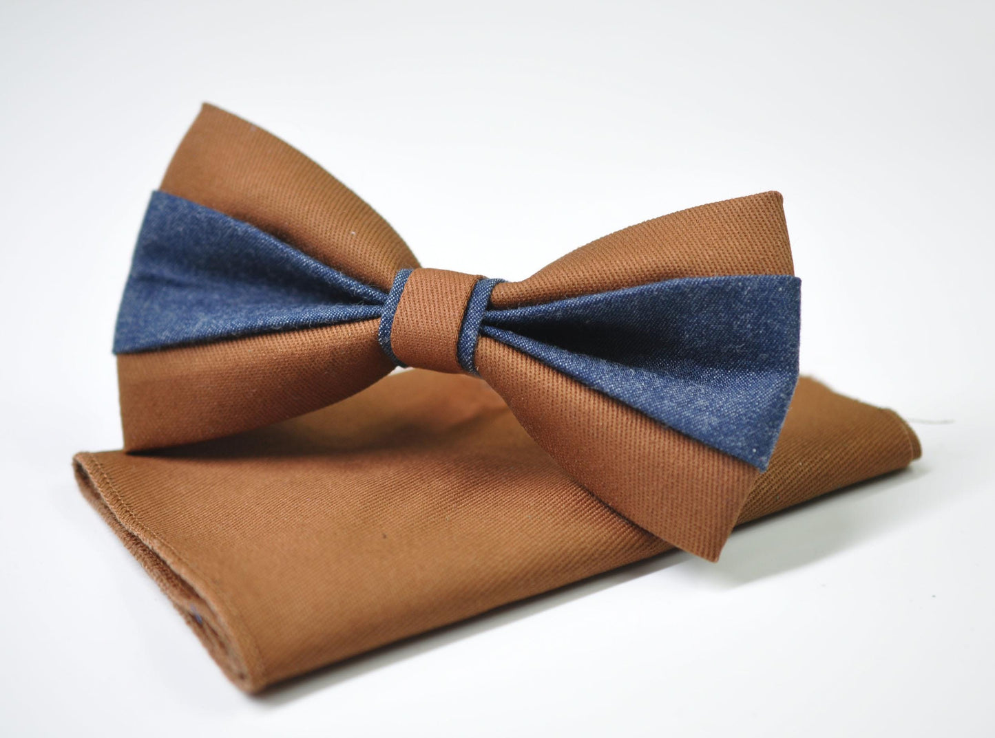 Tan Cotton and Navy Denim Bow tie Bowtie + Tan pocket Square Hanky Handkerchief Wedding for Men / Youth / Boys Kids / Baby Infant