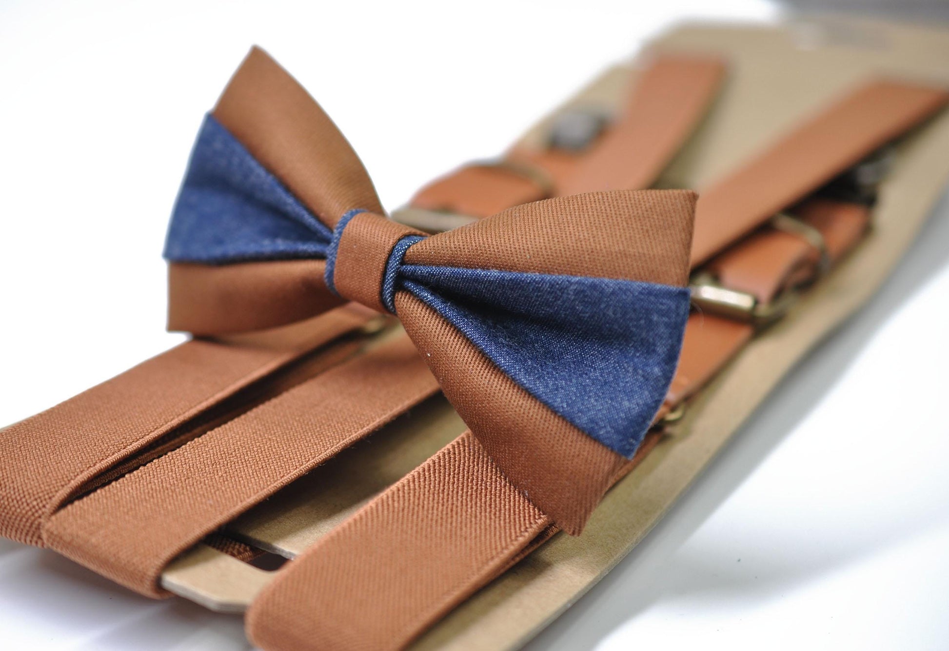 Tan Cotton and Navy Denim Bow tie Bowtie + Tan Brown Elastic Suspenders Braces Men / Youth/ Boys Kids / Baby Infant Toddler