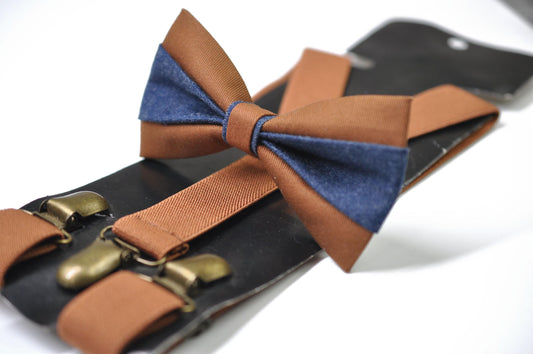 Tan Cotton and Navy Denim Bow tie Bowtie + Tan Brown Elastic Suspenders Braces Men / Youth/ Boys Kids / Baby Infant Toddler