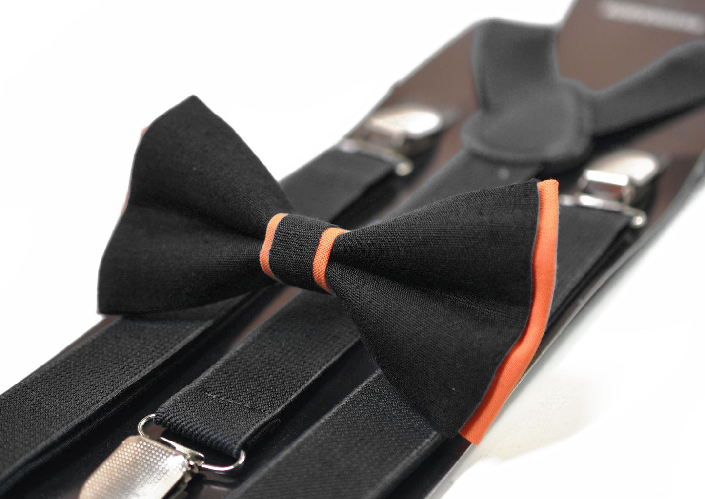 Coral Orange Black Cotton Bow tie Bowtie + Teal Blue Elastic Suspenders Braces for Men / Youth/ Boys Kids / Baby Infant Toddler