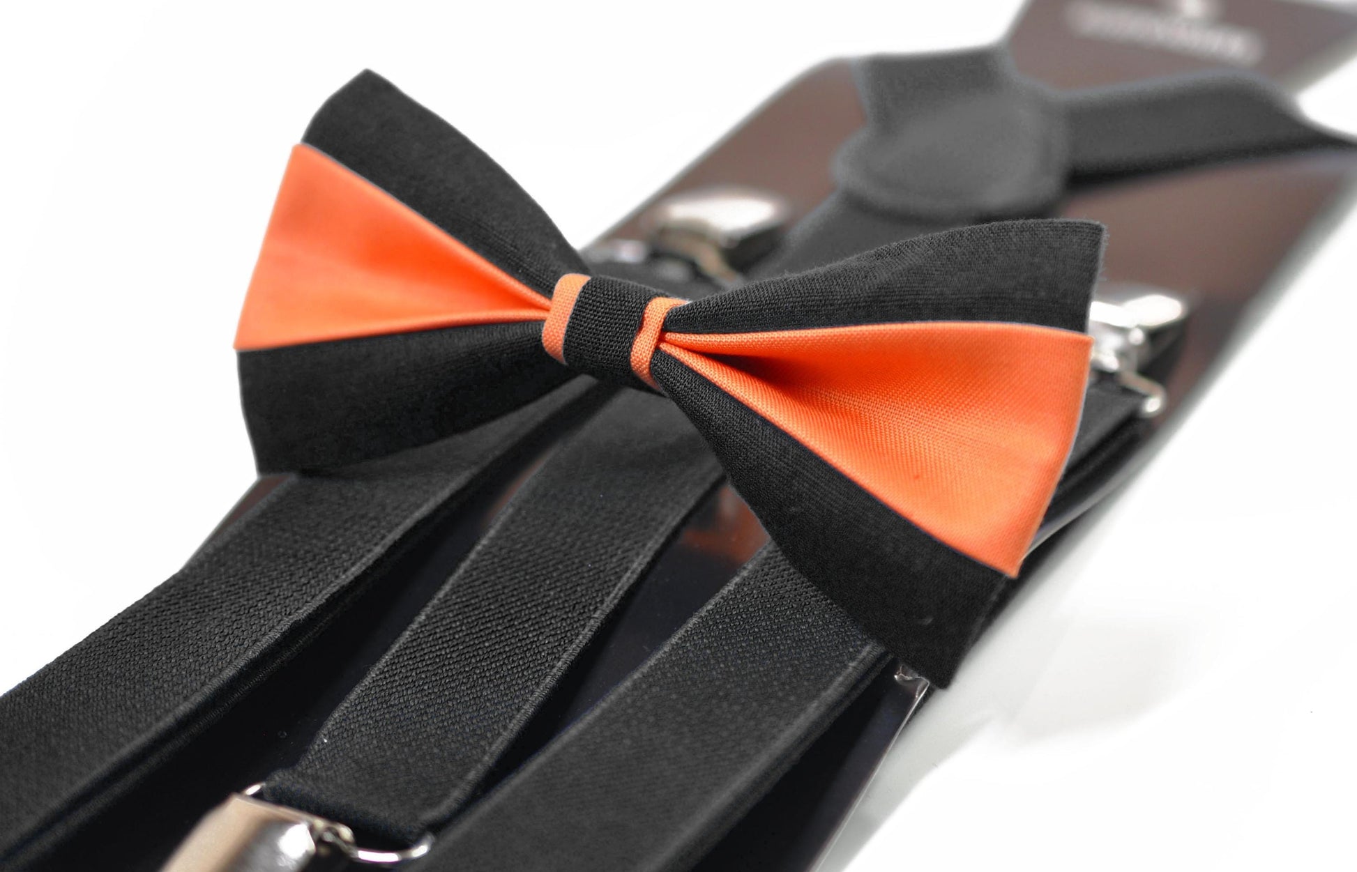 Coral Orange Black Cotton Bow tie Bowtie + Black Elastic Suspenders Braces for Men / Youth/ Boys Kids / Baby Infant Toddler