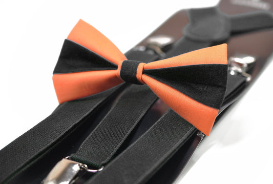 Coral Orange Black Cotton Bow tie Bowtie + Black Elastic Suspenders Braces for Men / Youth/ Boys Kids / Baby Infant Toddler