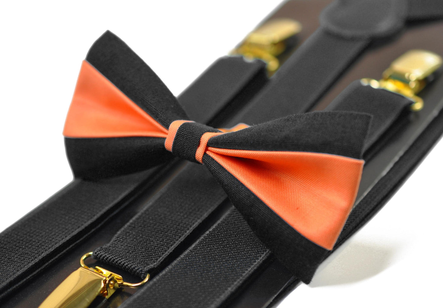 Coral Orange Black Cotton Bow tie Bowtie + Black Elastic Suspenders Braces for Men / Youth/ Boys Kids / Baby Infant Toddler