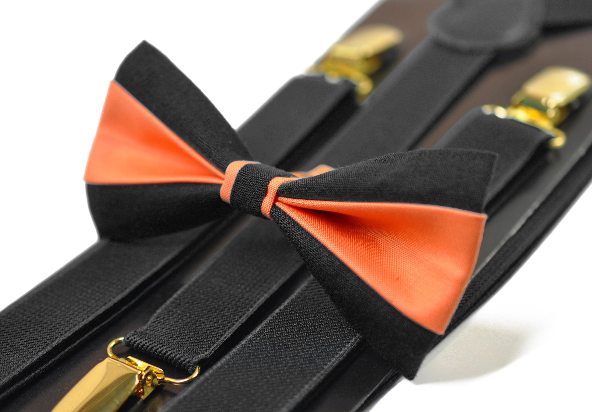 Coral Orange Black Cotton Bow tie Bowtie + Black Elastic Suspenders Braces for Men / Youth/ Boys Kids / Baby Infant Toddler
