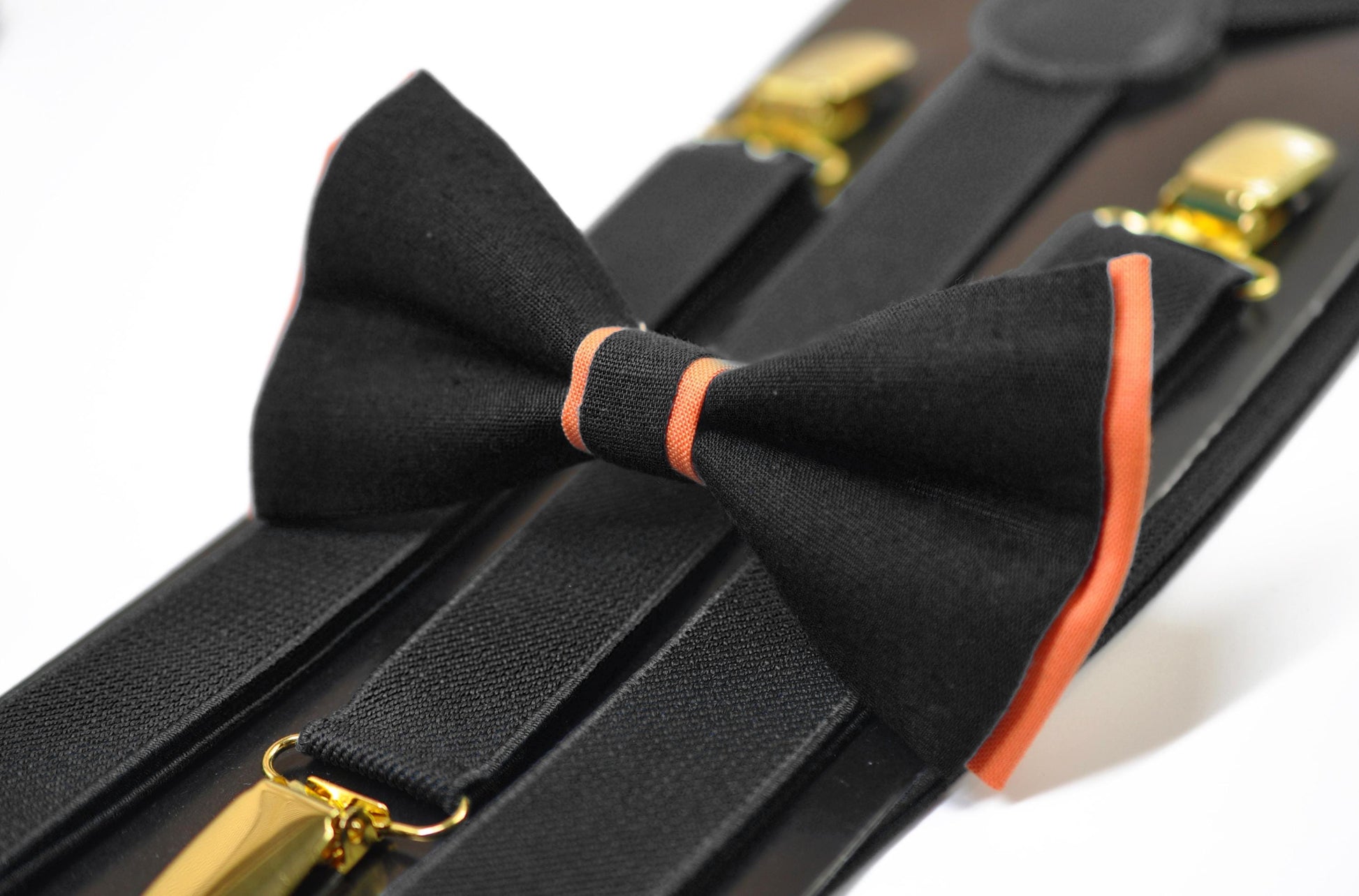 Coral Orange Black Cotton Bow tie Bowtie + Teal Blue Elastic Suspenders Braces for Men / Youth/ Boys Kids / Baby Infant Toddler