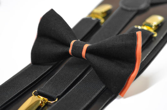 Coral Orange Black Cotton Bow tie Bowtie + Teal Blue Elastic Suspenders Braces for Men / Youth/ Boys Kids / Baby Infant Toddler