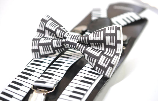 Black White Cotton Music Piano Keyboard Bow Tie + Piano Keyboard Suspenders Braces for Men / Youth Teenage / Boy Kids / Baby Infant Toddler