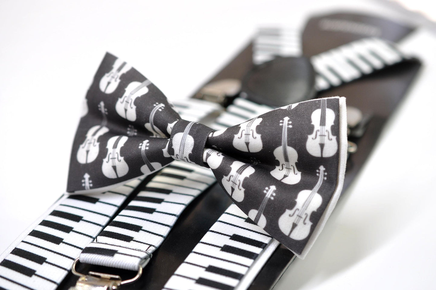 Black White Cotton Music Violin Bow Tie + Black Elastic Suspenders Braces for Men / Youth Teenage / Boy Kids / Baby Infant Toddler