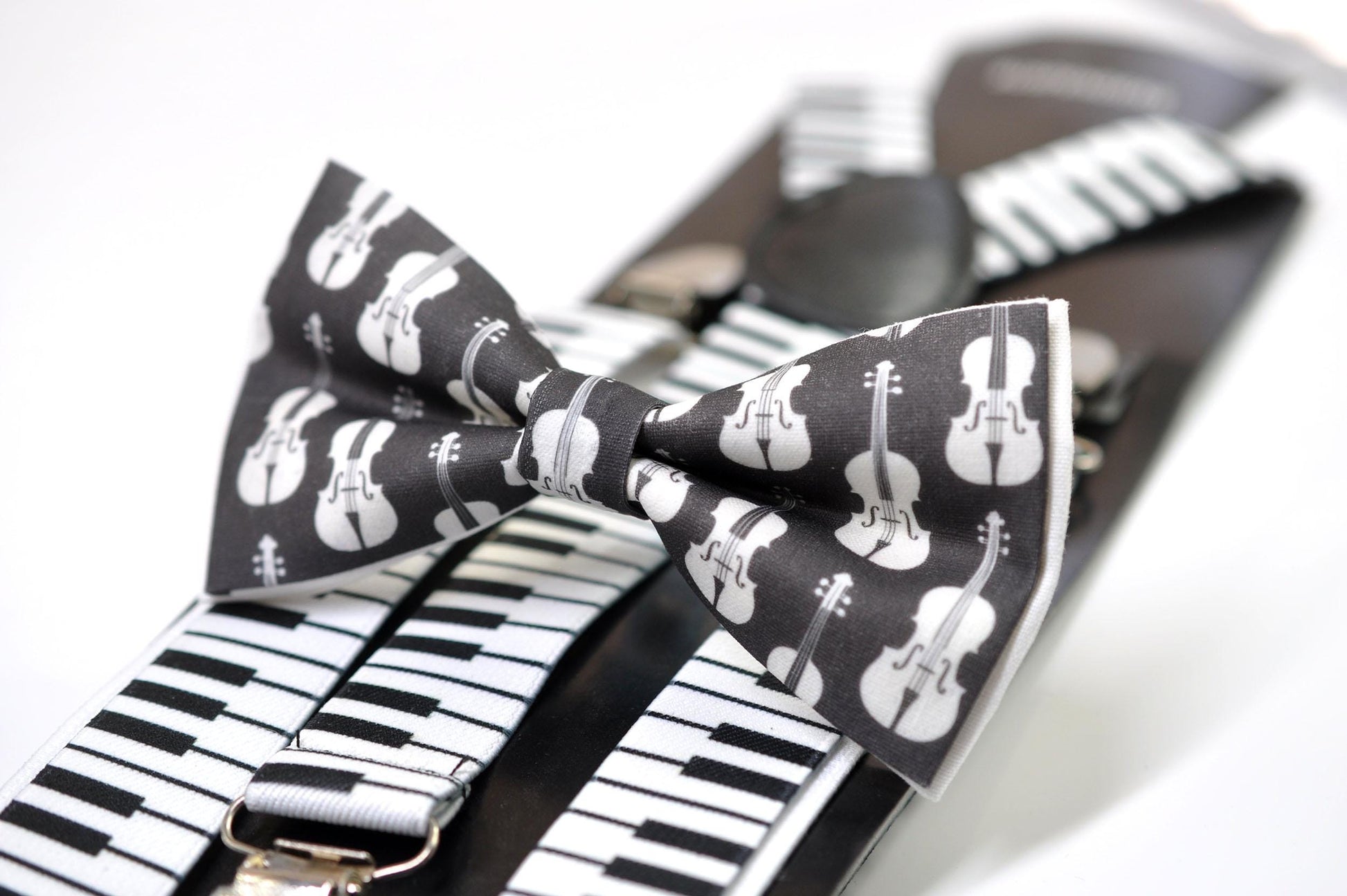 Black White Cotton Music Violin Bow Tie + Black Elastic Suspenders Braces for Men / Youth Teenage / Boy Kids / Baby Infant Toddler
