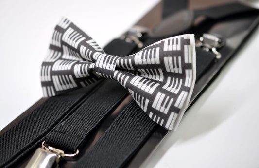 Black White Cotton Music Piano Keyboard Bow Tie + Black Elastic Suspenders Braces for Men / Youth Teenage / Boy Kids / Baby Infant Toddler