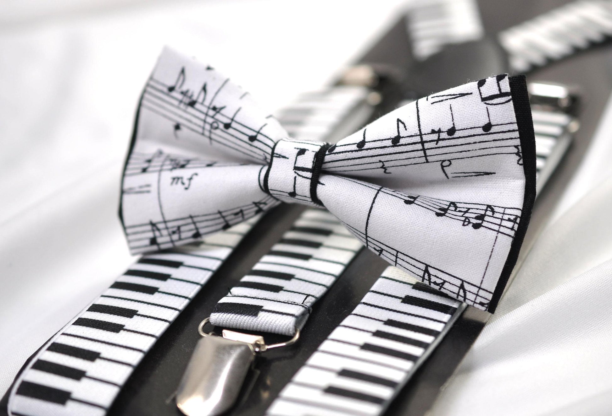 Black White Cotton Sheet Music Notes Bow Tie + Piano Keyboard Suspenders Braces for Men / Youth Teenage / Boy Kids / Baby Infant Toddler