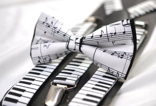 Black White Cotton Sheet Music Notes Bow Tie + Piano Keyboard Suspenders Braces for Men / Youth Teenage / Boy Kids / Baby Infant Toddler