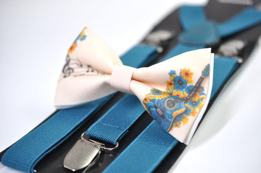 Teal Music Guitar Ivory Beige Cotton Bow Tie Bow tie + Teal Blue Elastic Suspenders Braces for Men / Youth / Boy Kids / Baby Infant Toddler