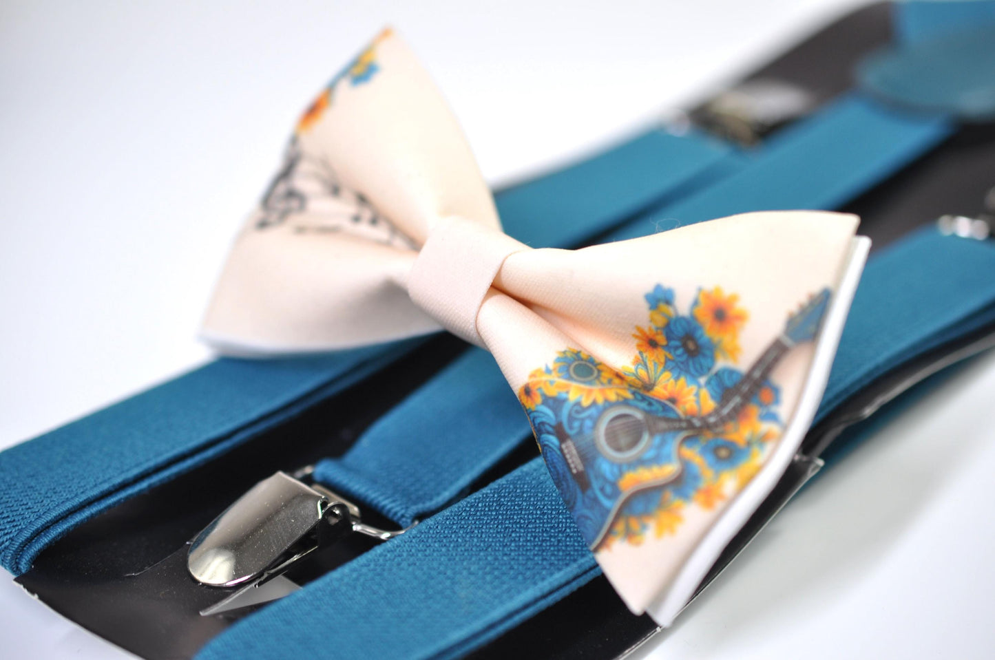 Teal Music Guitar Ivory Beige Cotton Bow Tie Bow tie + Teal Blue Elastic Suspenders Braces for Men / Youth / Boy Kids / Baby Infant Toddler