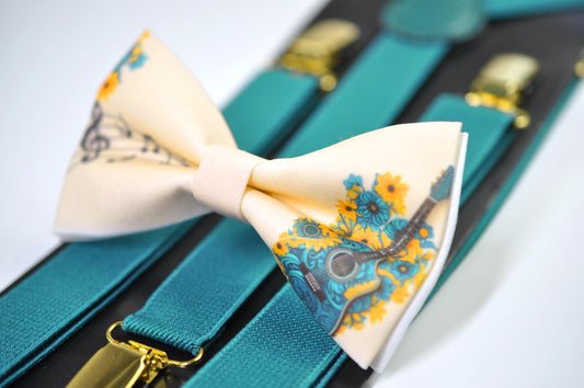Teal Music Guitar Ivory Beige Cotton Bow Tie Bow tie + Teal Blue Elastic Suspenders Braces for Men / Youth / Boy Kids / Baby Infant Toddler