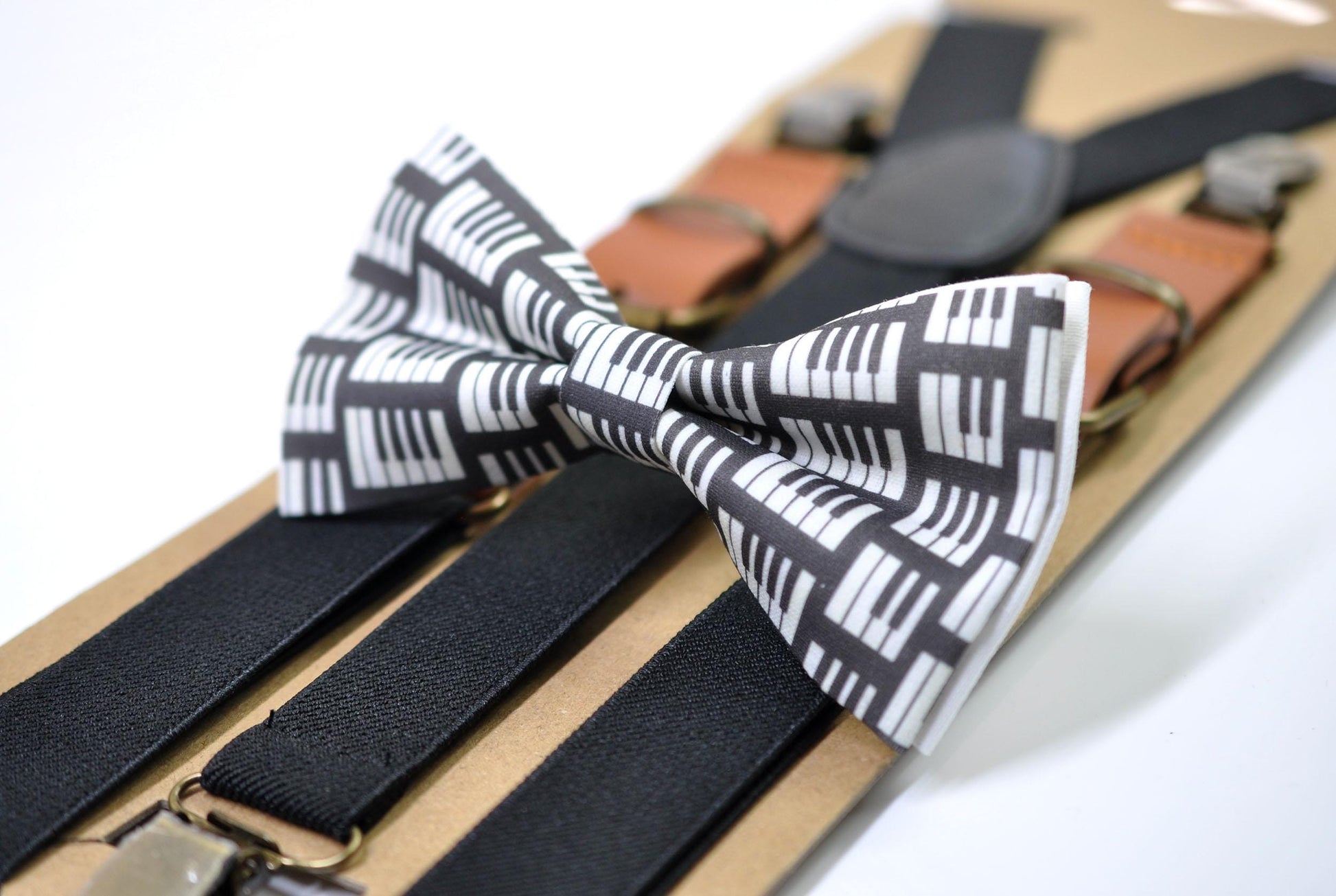 Black White Cotton Music Piano Keyboard Bow Tie + Black Tan Suspenders Braces for Men / Youth Teenage / Boy Kids / Baby Infant Toddler