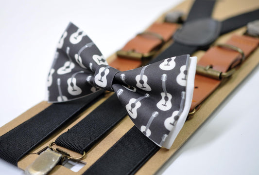 Black White Cotton Music Guitar Bow Tie + Black Tan Suspenders Braces for Men / Youth Teenage / Boy Kids / Baby Infant Toddler