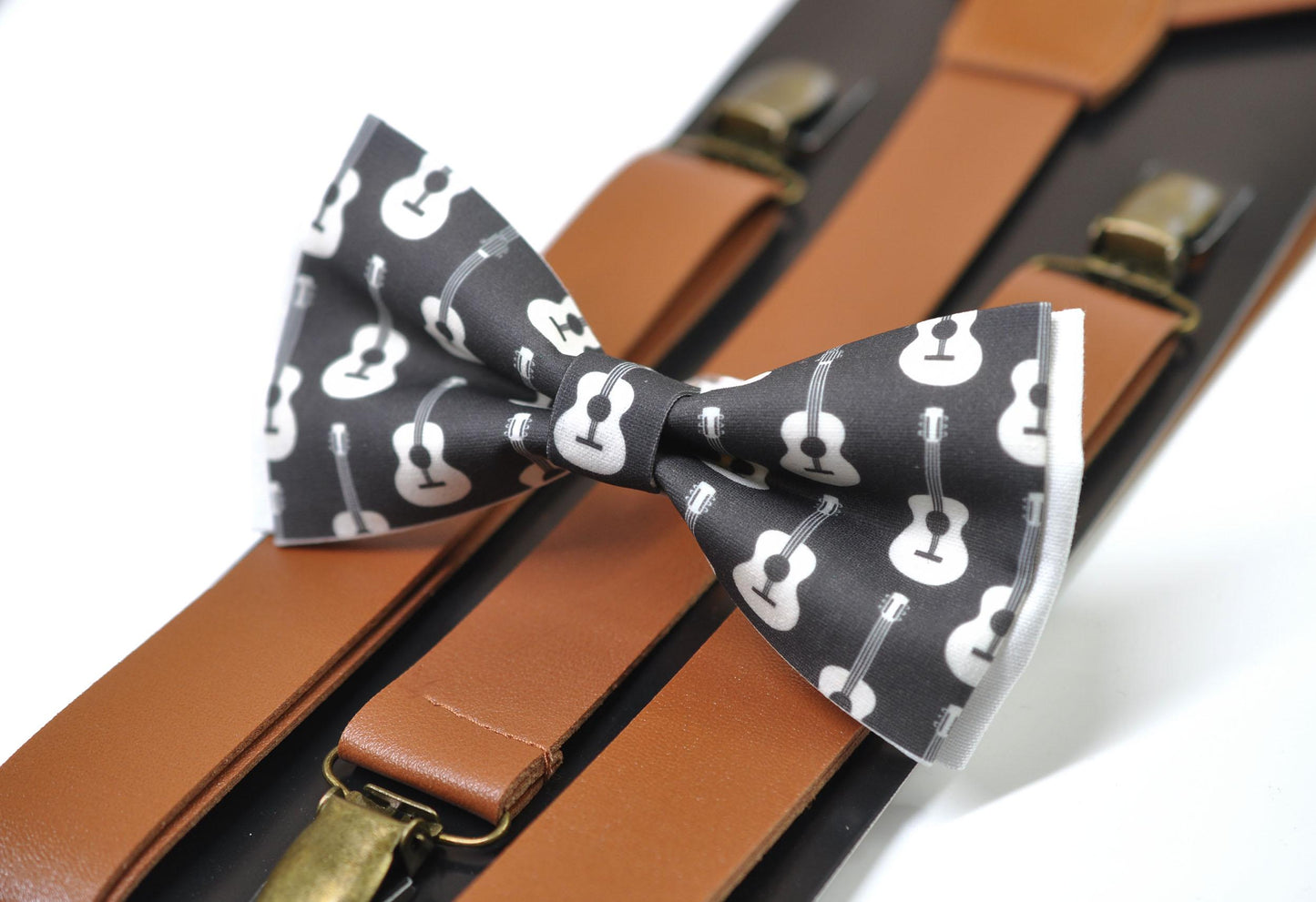 Black White Cotton Music Guitar Bow Tie + Tan Faux leather Adjustable Suspenders Braces for Men / Youth / Boy Kids / Baby Infant Toddler