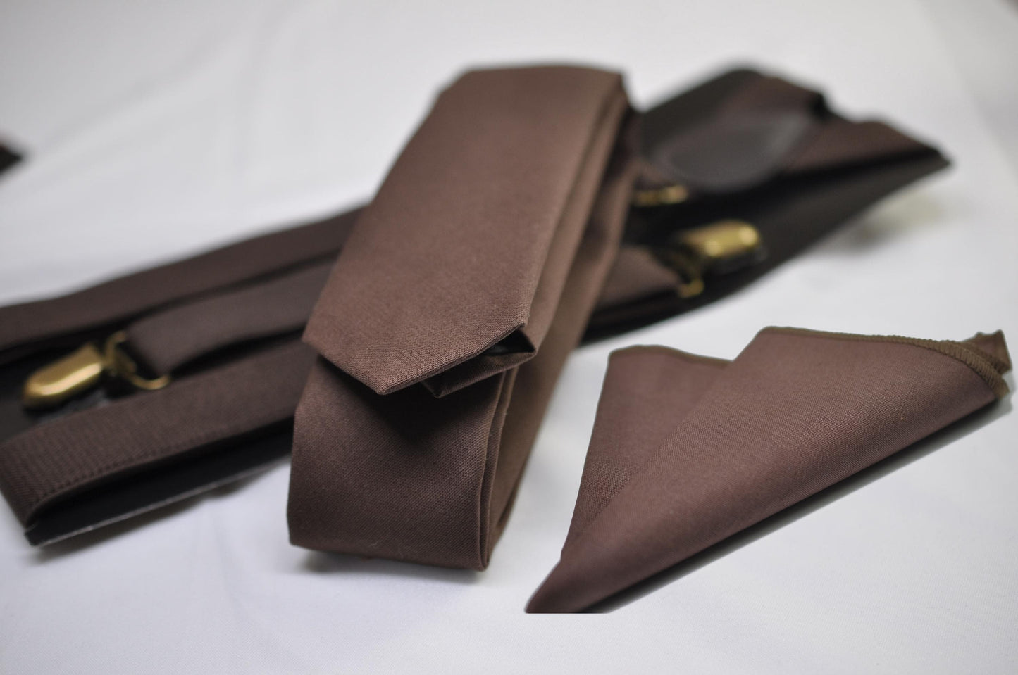 Men Dark Brown Coffee Chocolate Skinny Neck tie Necktie + Elastic Braces Suspenders + Pocket Squares