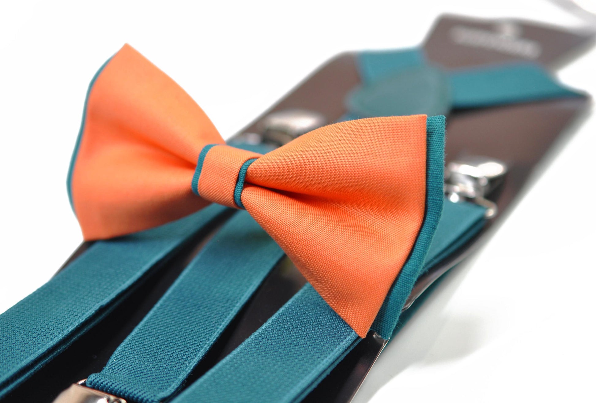 Coral Orange Teal Blue Cotton Bow tie Bowtie + Teal Blue Elastic Suspenders Braces for Men / Youth/ Boys Kids / Baby Infant Toddler