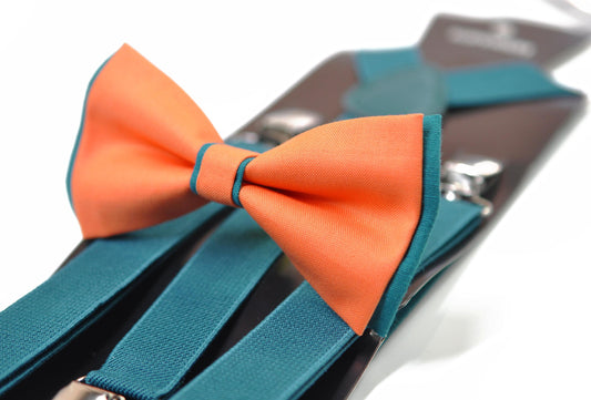 Coral Orange Teal Blue Cotton Bow tie Bowtie + Teal Blue Elastic Suspenders Braces for Men / Youth/ Boys Kids / Baby Infant Toddler