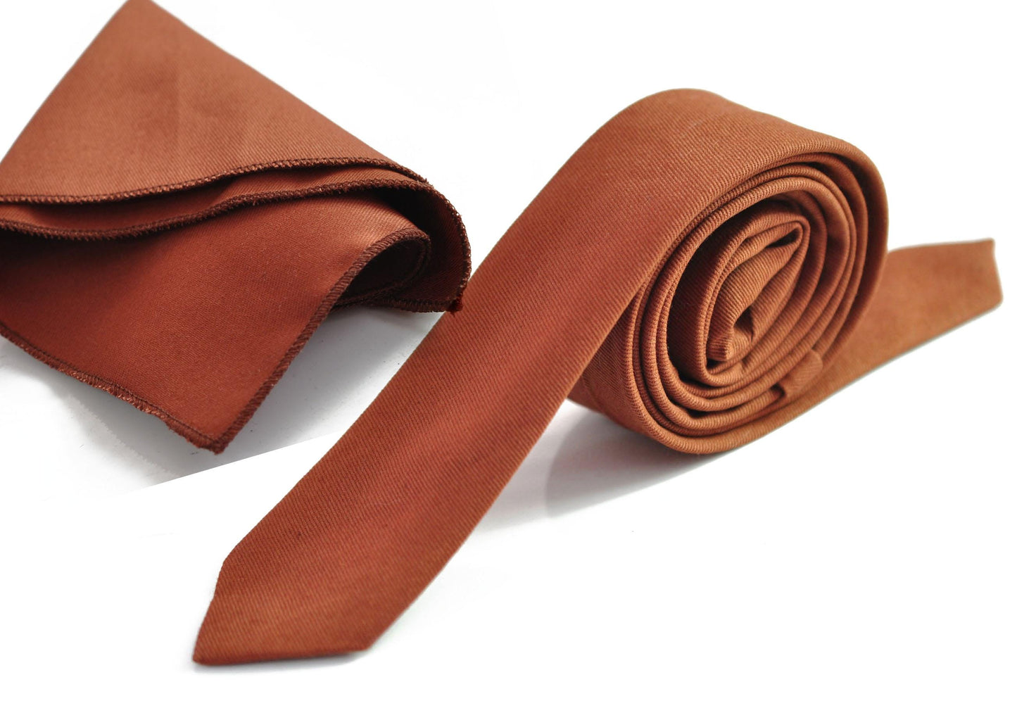 Rust Terracotta Skinny 100% Cotton Necktie Neck Tie + Pocket Squares handkerchief Hanky for Wedding Party Prom
