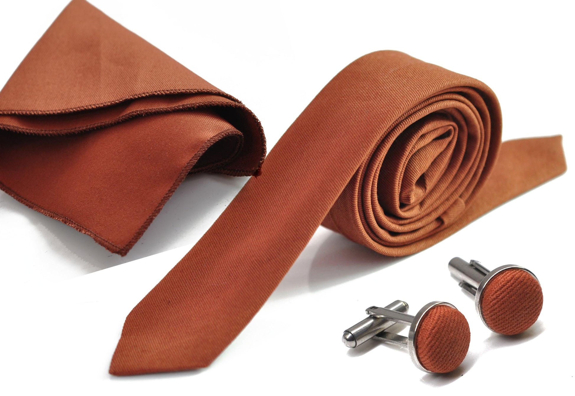 Rust Terracotta Skinny 100% Cotton Necktie Neck Tie + Pocket Squares handkerchief Hanky for Wedding Party Prom