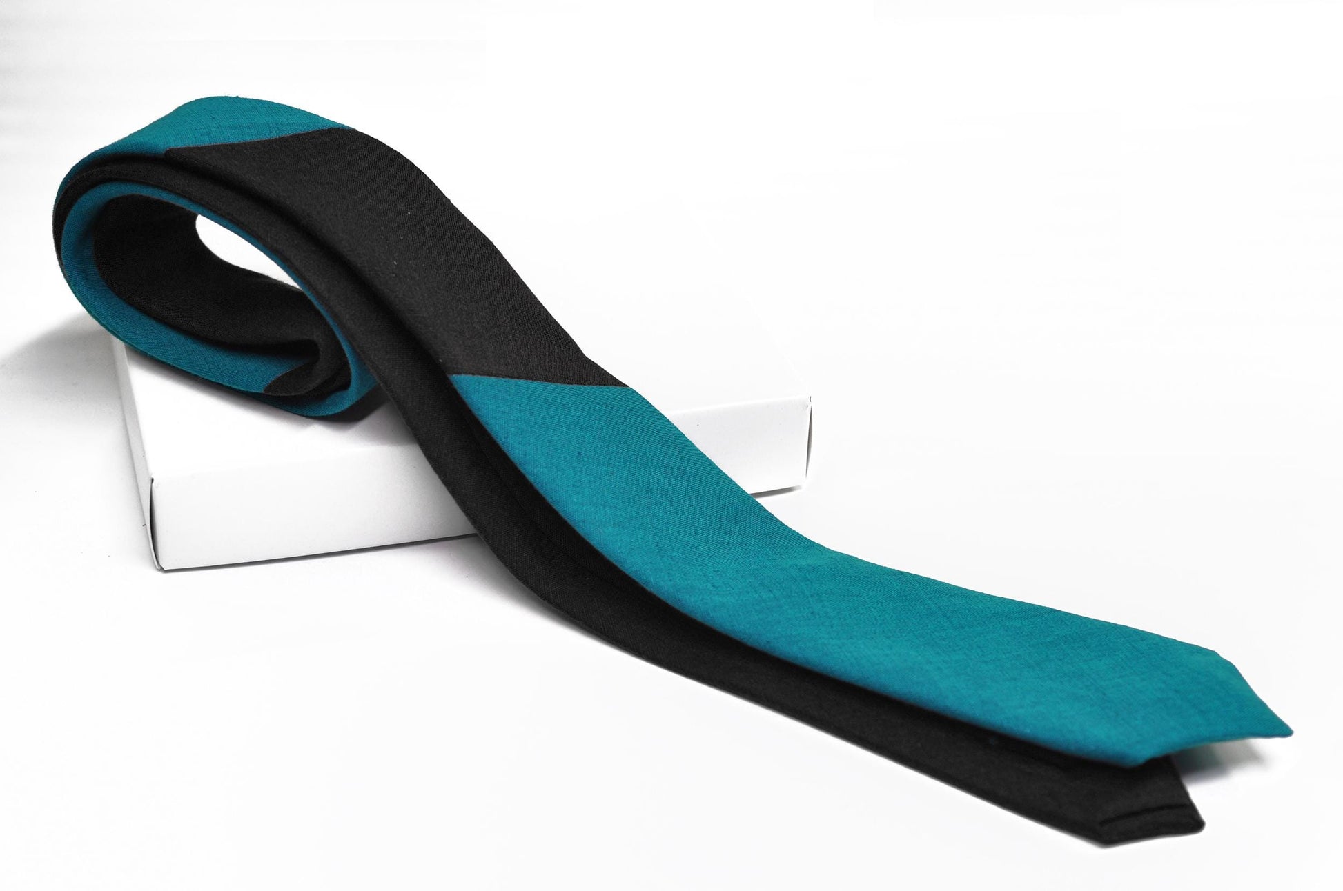 Turquoise Teal Blue and Black Dual Color Skinny Linen Hand Made Necktie Neck Tie for Wedding Party Prom