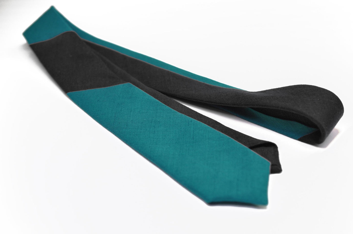 Turquoise Teal Blue and Black Dual Color Skinny Linen Hand Made Necktie Neck Tie for Wedding Party Prom