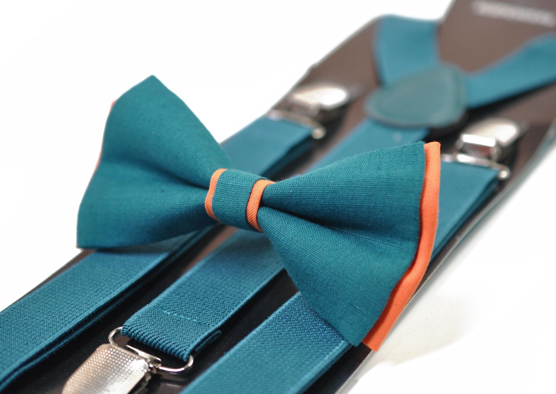Coral Orange Teal Blue Cotton Bow tie Bowtie + Teal Blue Elastic Suspenders Braces for Men / Youth/ Boys Kids / Baby Infant Toddler