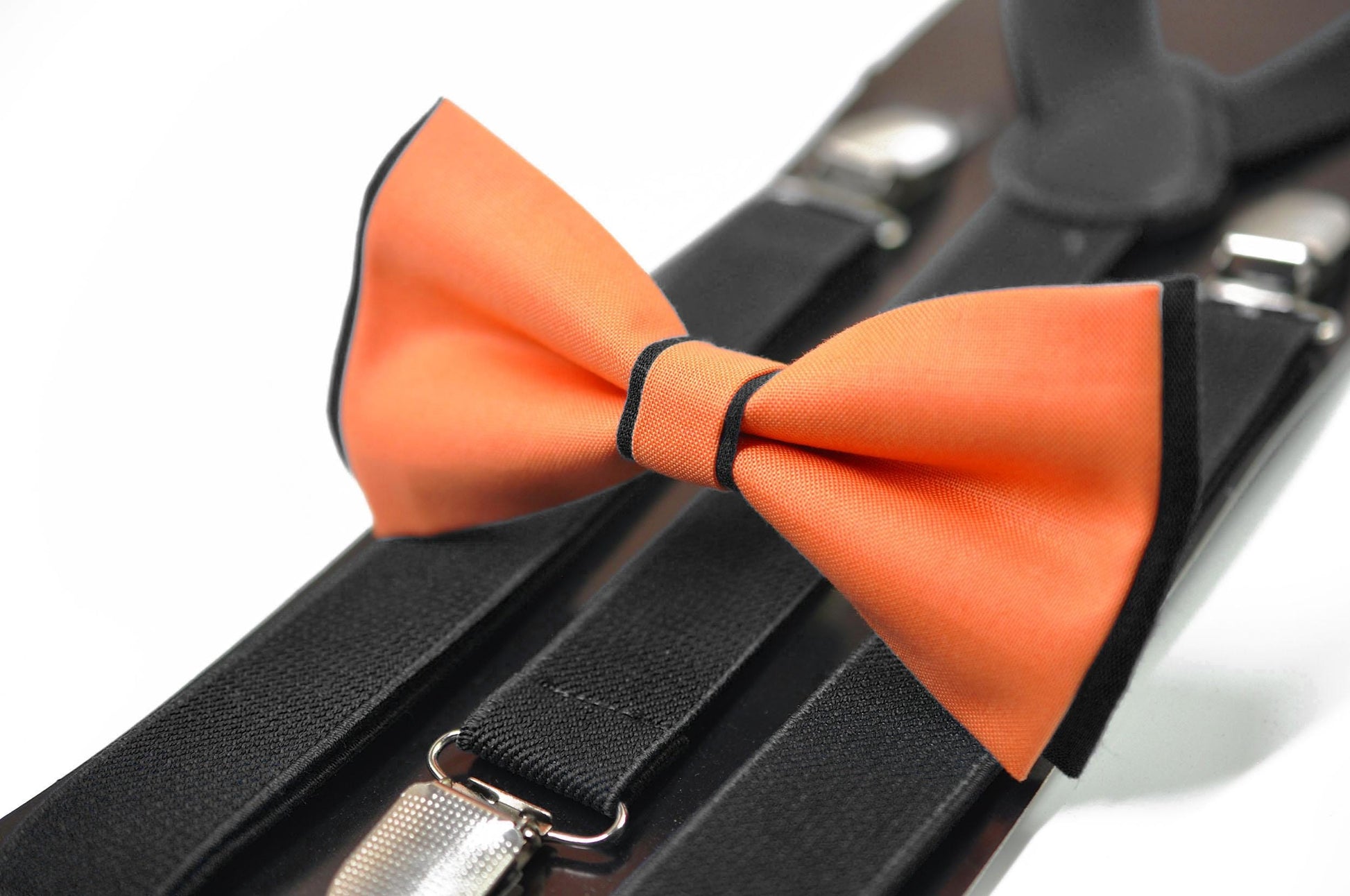 Coral Orange Black Cotton Bow tie Bowtie + Black Elastic Suspenders Braces for Men / Youth/ Boys Kids / Baby Infant Toddler