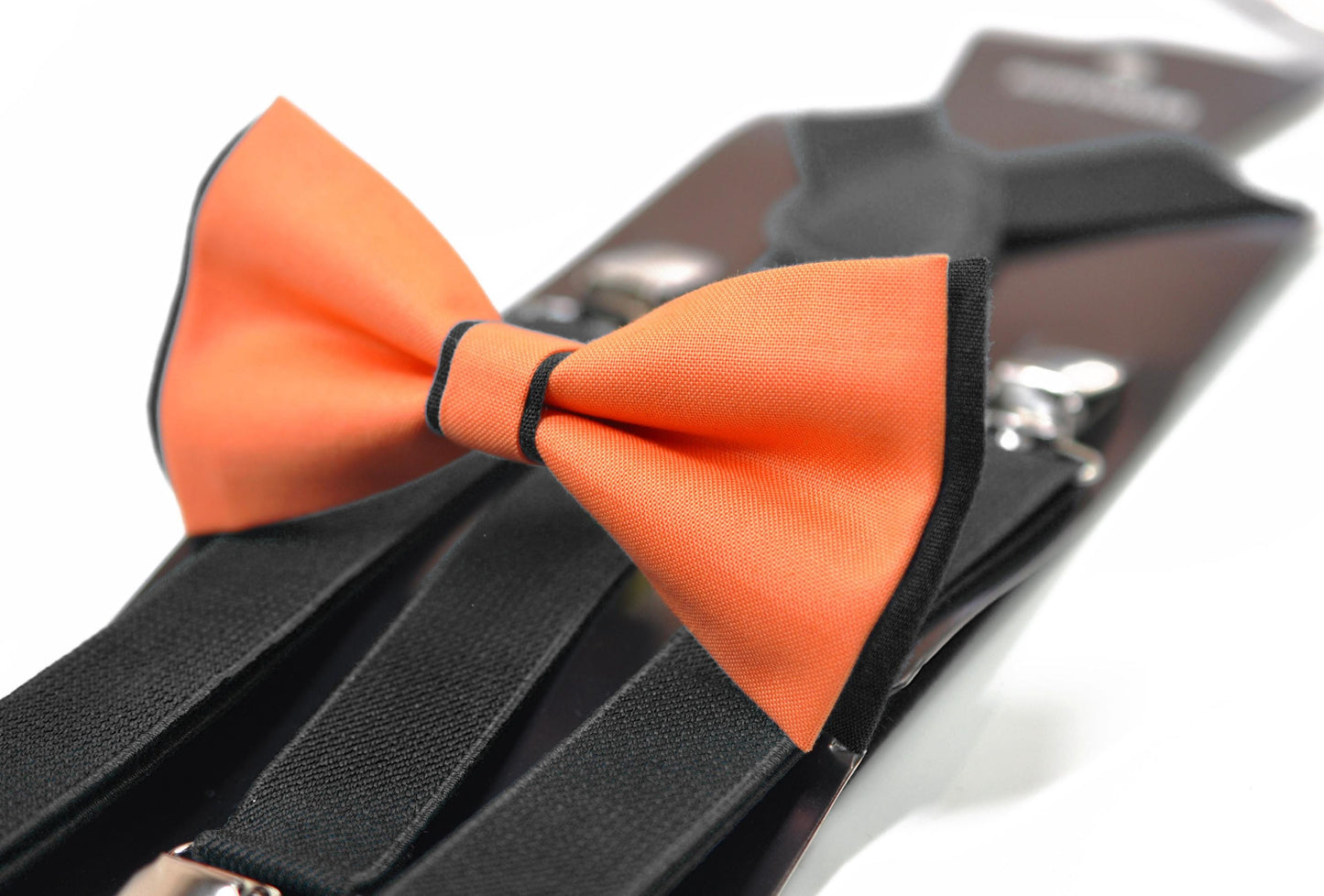 Coral Orange Black Cotton Bow tie Bowtie + Black Elastic Suspenders Braces for Men / Youth/ Boys Kids / Baby Infant Toddler