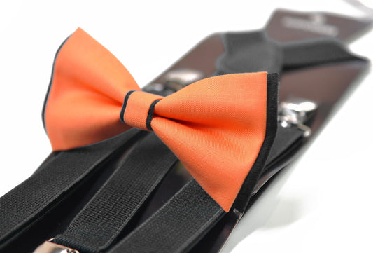Coral Orange Black Cotton Bow tie Bowtie + Black Elastic Suspenders Braces for Men / Youth/ Boys Kids / Baby Infant Toddler