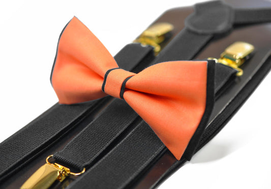 Coral Orange Black Cotton Bow tie Bowtie + Black Elastic Suspenders Braces for Men / Youth/ Boys Kids / Baby Infant Toddler