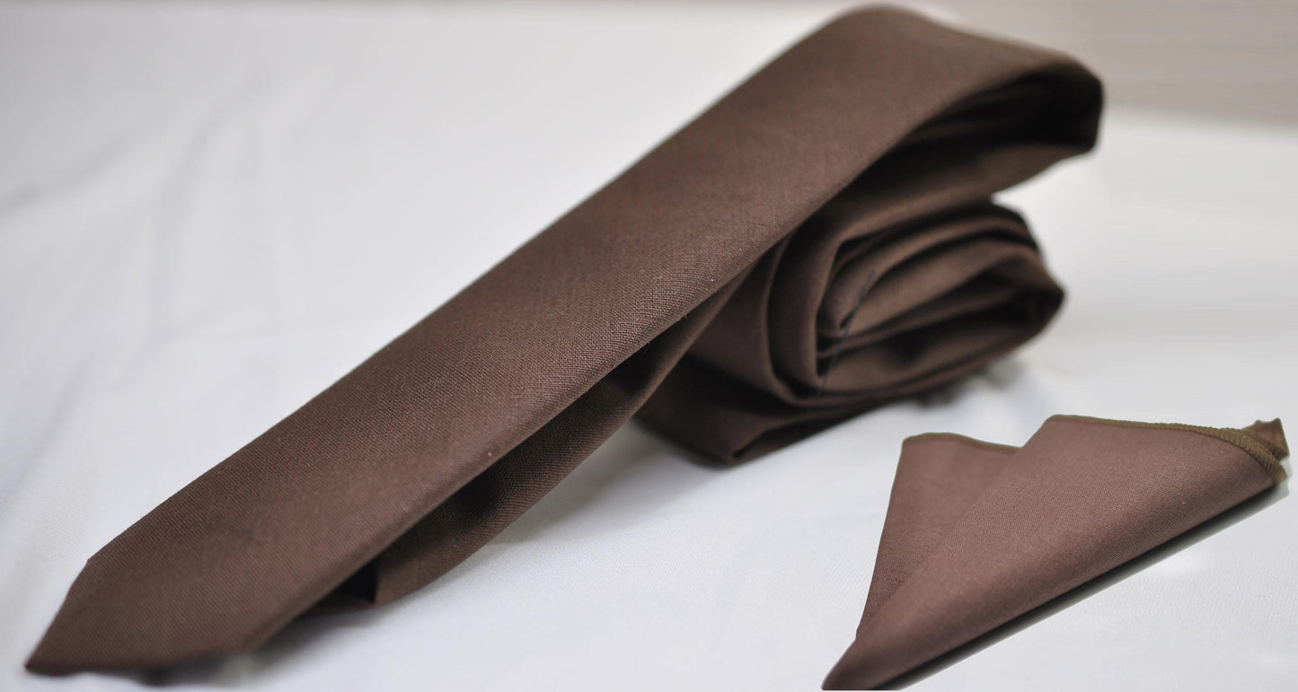 Men Dark Brown Coffee Chocolate Skinny Neck tie Necktie + Elastic Braces Suspenders + Pocket Squares