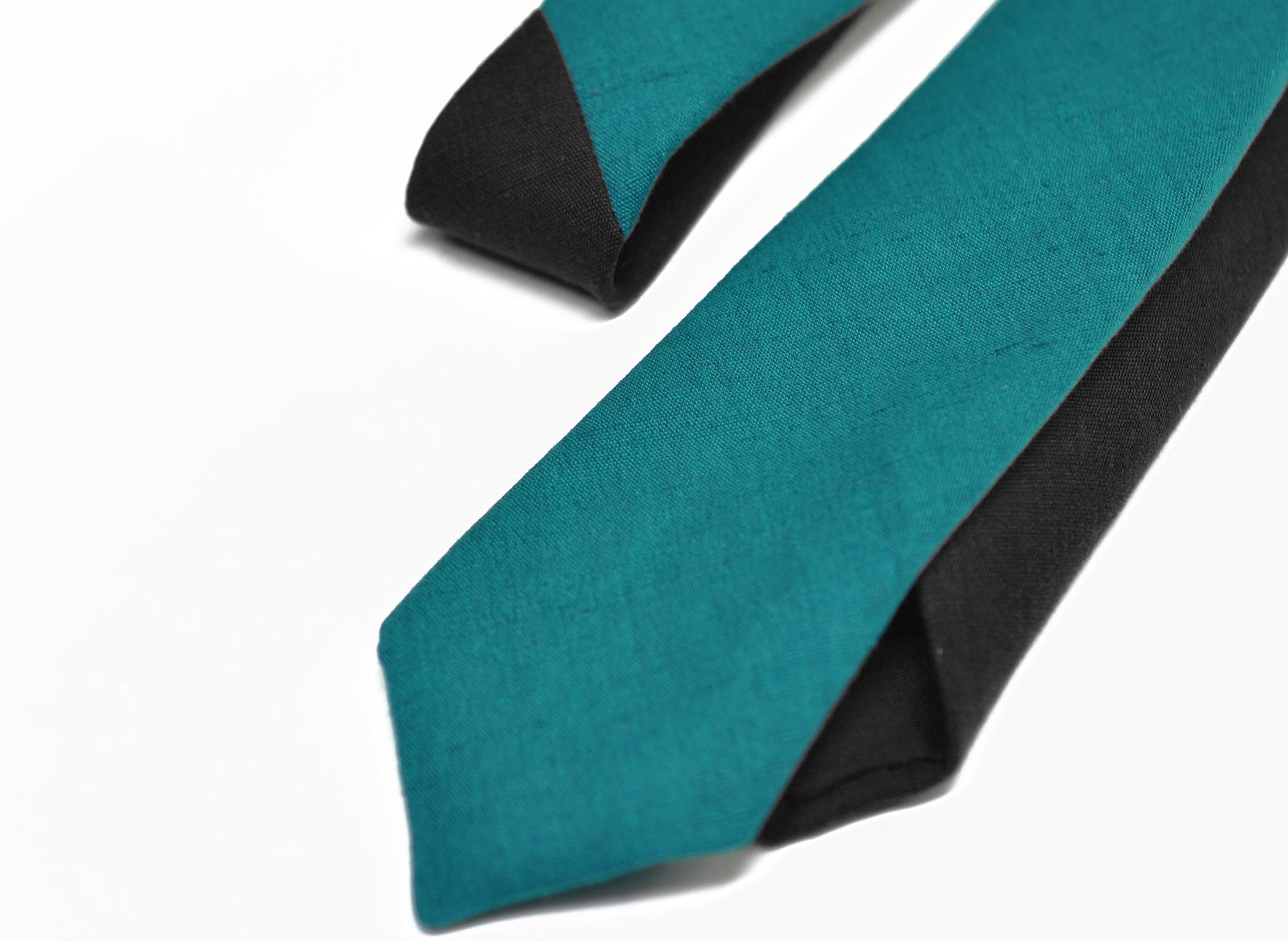 Turquoise Teal Blue and Black Dual Color Skinny Linen Hand Made Necktie Neck Tie for Wedding Party Prom