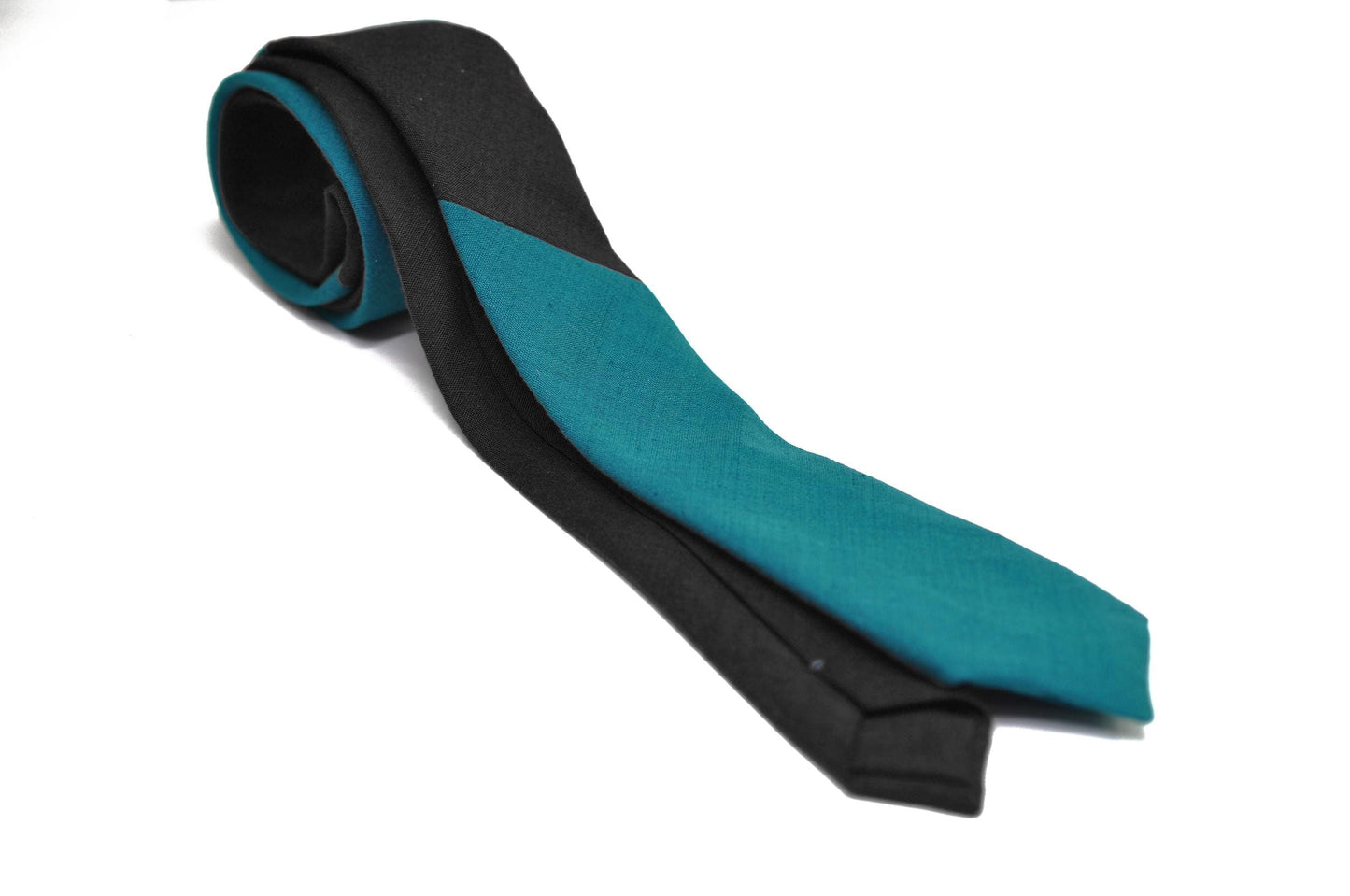 Turquoise Teal Blue and Black Dual Color Skinny Linen Hand Made Necktie Neck Tie for Wedding Party Prom