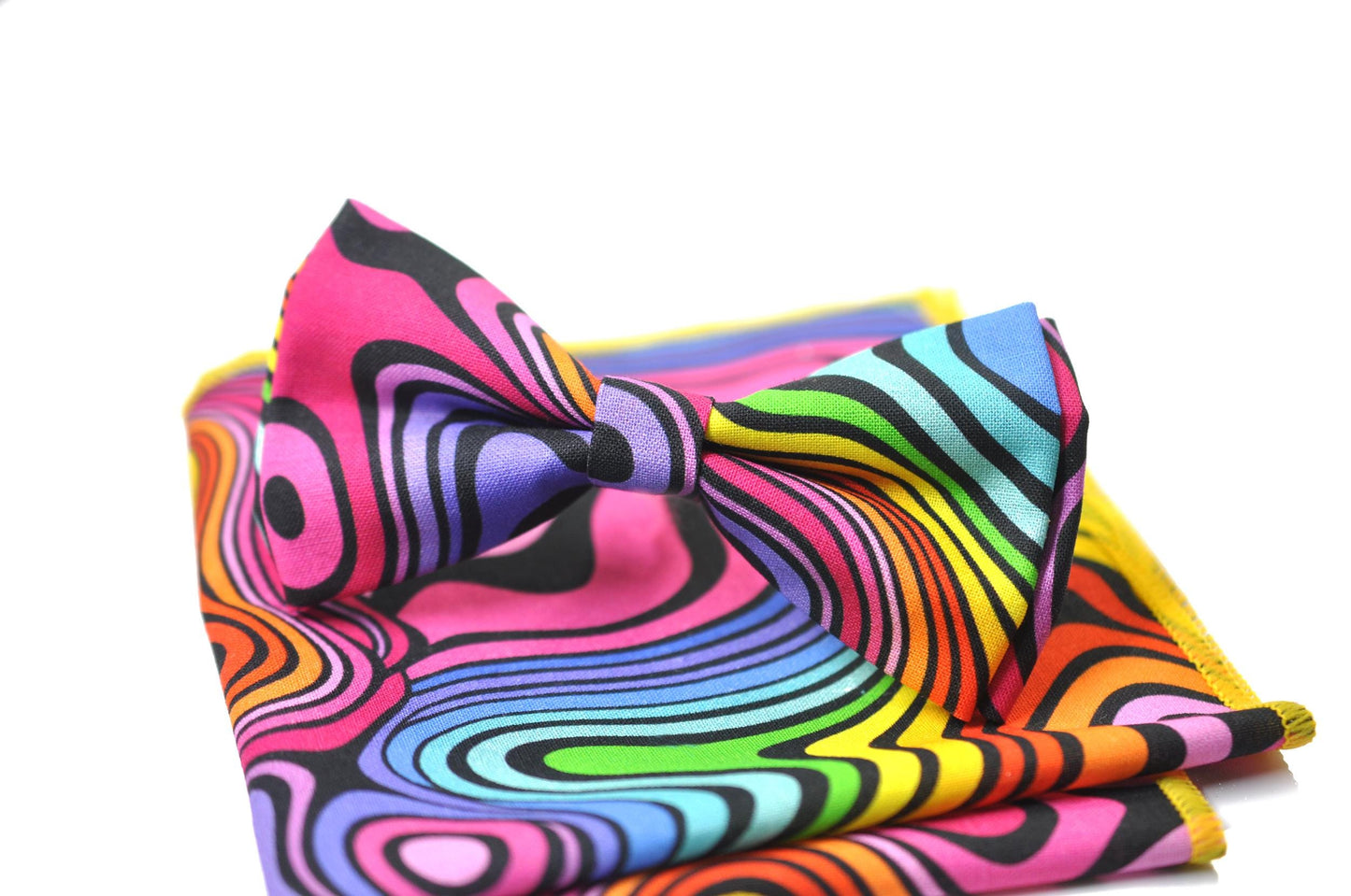 Rainbow Psychedelic Colorful Wavy Stripe Pattern Funky Retro Bow tie Bowtie + pocket Squares Hanky Handkerchief for Men Youth Boys Toddler