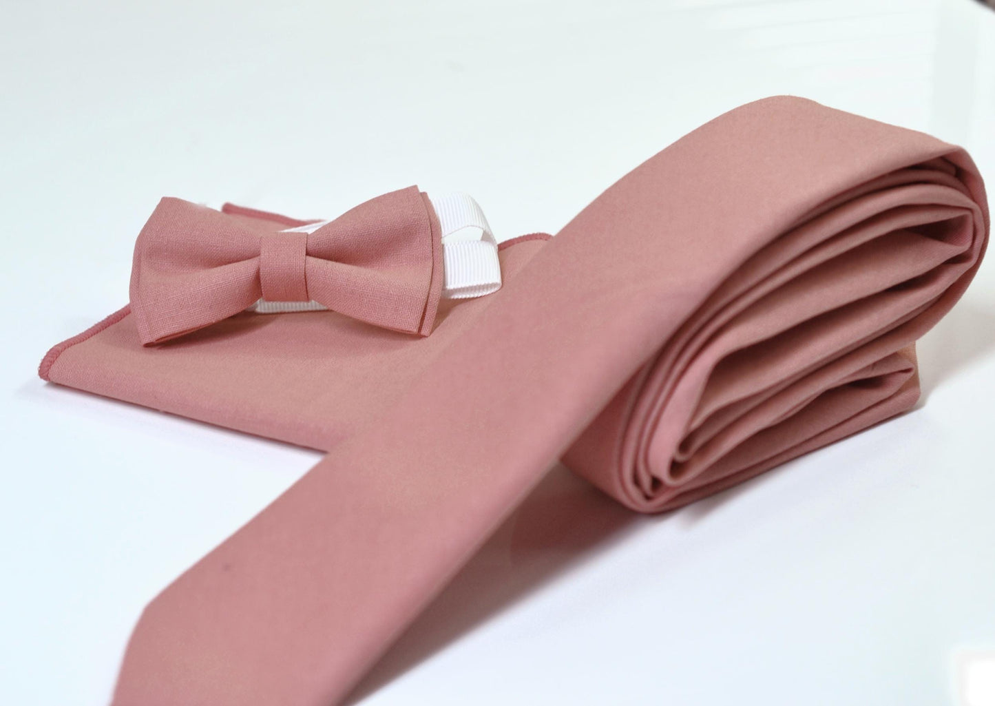 Men Dusky Dusty Rose Pink Blush Pink Handmade Neck Tie + Bow Tie Bowtie + matched pocket Square Hanky Handkerchief Wedding