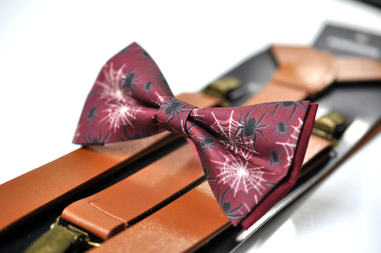 Halloween Black Spider Burgundy Bow tie Bowtie + Tan Brown Suspenders Braces for Men / Youth Teenage/ Boys Kids / Baby Infant Toddler