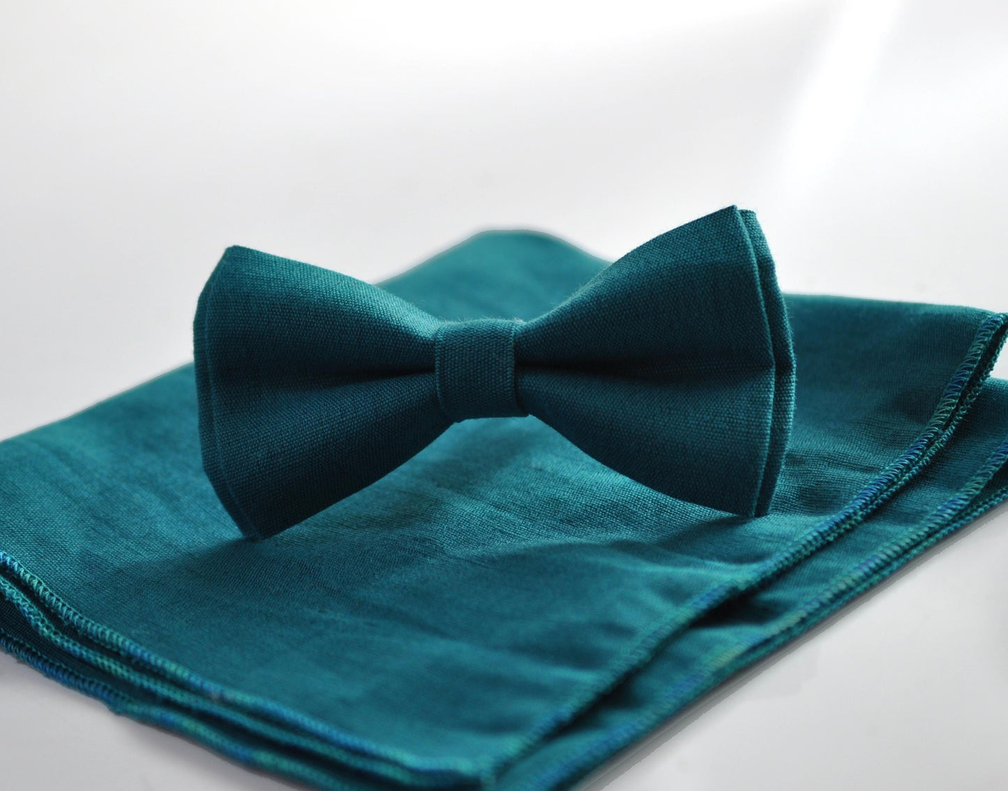 Teal Linen Bow tie Bowtie + matched pocket Square Hanky Handkerchief + Cuff links Wedding for Men / Youth / Boys Kids / Baby Infant