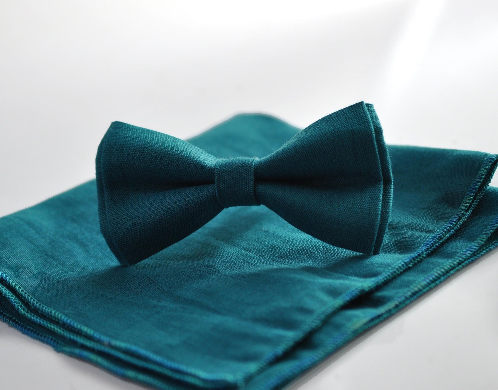 Teal Linen Bow tie Bowtie + matched pocket Square Hanky Handkerchief + Cuff links Wedding for Men / Youth / Boys Kids / Baby Infant